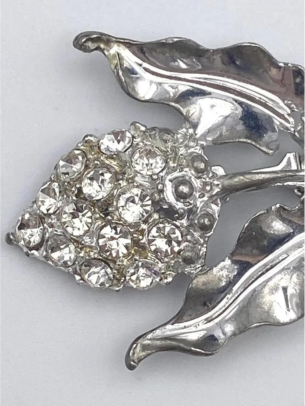 Ornate Vintage Silver Tone and Clear Rhinestone Grape Cluster with Leaves.